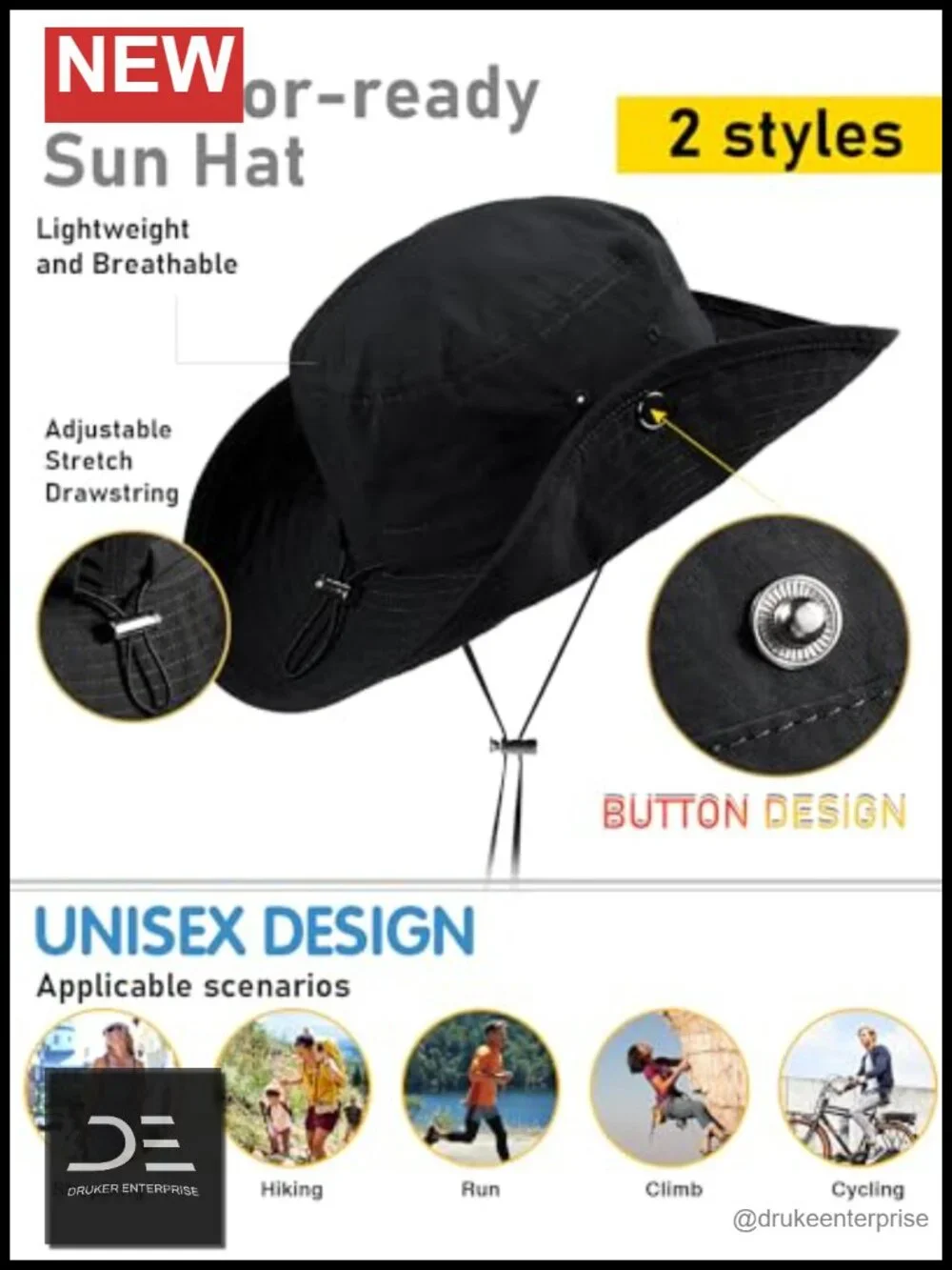 Waterproof UPF50+ Bucket Sun Hat Wide Brim Lightweight Nylon Foldable Floppy